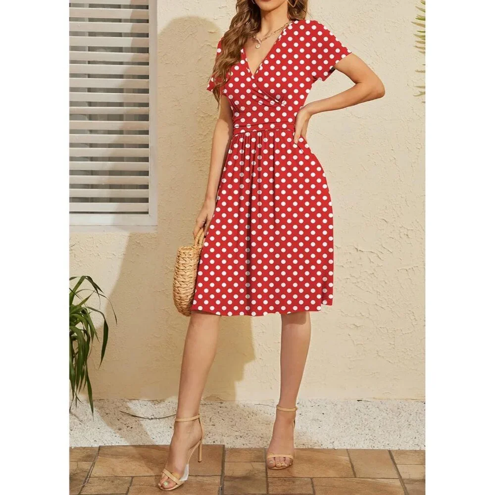 Women Dot Red Short Sleeve V-Neck Floral Stretchy Party Dress with Pockets
